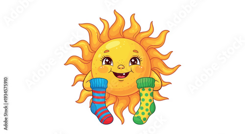 Smiling sun character wearing colorful mismatched socks