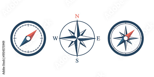 Compass navigation symbols for direction and orientation  geography tools
