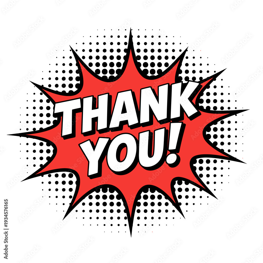 Obraz premium Red comic book style thank you message with black dots on white background