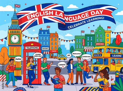 English Language Day with diverse students learning, reading, and greeting in a vibrant London city street featuring iconic landmarks. Education & cultural exchange flat vector illustration.