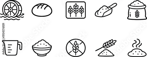 grain processing icons, baking symbol pack, Grain & Baking Icon Set,  milling and agriculture symbols, food packaging illustrations, minimal bakery graphics, black white grain set, wheat stalk icons 