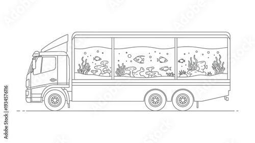Aquarium Transport Truck: A commercial truck designed for the safe transport of aquatic life, featuring transparent tanks filled with fish, coral, and plants