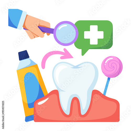 Tooth and toothpaste with magnifying glass and healthy white and red gum  good oral hygiene