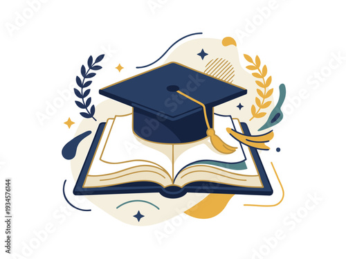 Graduation Cap on Open Book with Abstract Leaves and Stars, representing Education and Academic Achievement, in a Flat Vector Illustration featuring Cream, Navy Blue, and Gold, isolated on White.