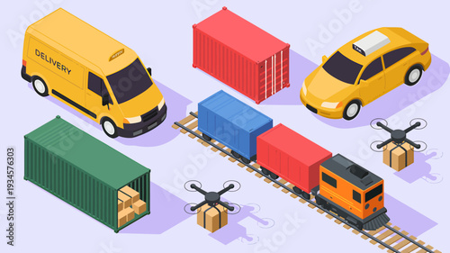 Isometric illustration of various delivery vehicles and containers on tracks and road