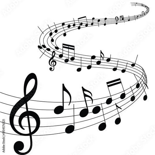 Flowing Melody Illustration Featuring Musical Notes on a Staff with Swirling Creative Design for Music Composition, Sheet Music, Artistic Sound Graphics, and Musical Artwork Projects