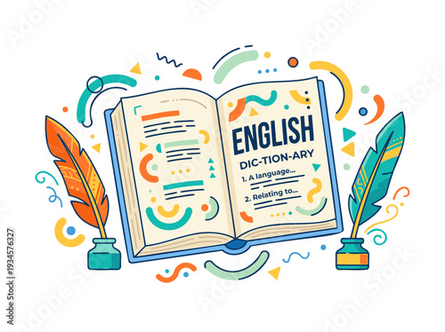 Open English Dictionary and Quill Pens defining words with fluid abstract shapes for language education and learning, in a vibrant flat vector style, modern illustration on white.