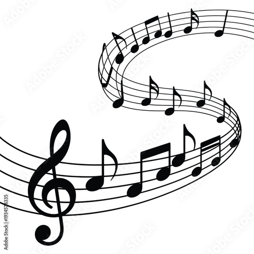 Flowing Melody Illustration Featuring Musical Notes on a Staff with Swirling Creative Design for Music Composition, Sheet Music, Artistic Sound Graphics, and Musical Artwork Projects