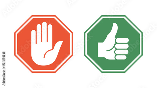 Octagonal traffic signs with hand gestures for yes and no  isolated on white background
