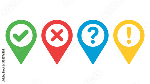 Colorful map pin icons with checkmark cross question mark and exclamation point