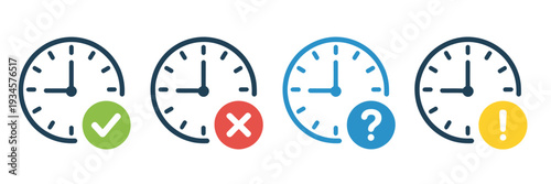 Four clocks with checkmark cross question mark and exclamation mark symbols