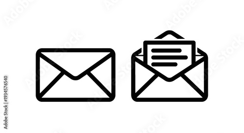 Closed and open envelope icons with document, representing mail and communication status or messages