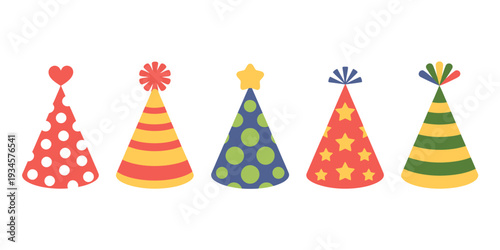Colorful party hats with various patterns and decorations on white background