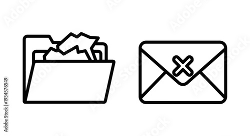 Folder with crumpled papers and envelope with cross icon symbolizing document errors, lost files, or failed delivery