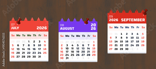July, August, September calendar 2026. Calendar 2026 with colorful monthly design on wooden background. Best for reminder, deadline tracking, and organizer use. Vector illustration