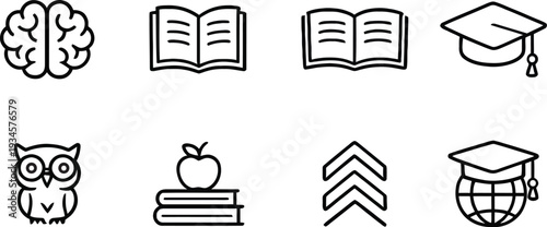 education icon set, learning symbol pack, academic vector graphics, black line school icons, global education icons, student success icons, book and apple visuals, progress and achievement icons