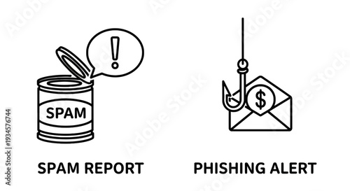 Spam report icon and phishing alert icon with dollar sign, vector illustration for online security
