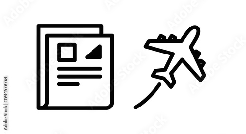 Document icon and airplane icon with flight path, vector illustration for travel and information