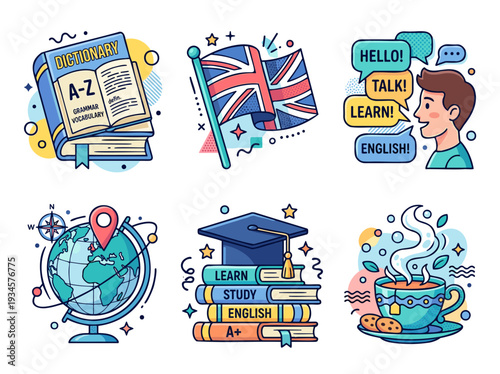 English Language Learning Icons featuring Dictionary, UK Flag, Speaking, Global Study, and Tea for Education; Vibrant Cartoon Outline Vector Set.