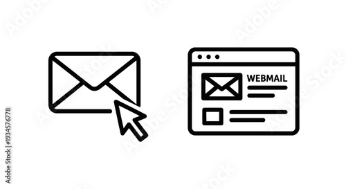 Email icons: envelope and webmail interface with cursor, digital communication and online messaging concept
