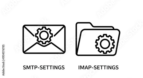 Email icons: envelope with gear for SMTP settings and folder with gear for IMAP settings, email protocol configuration