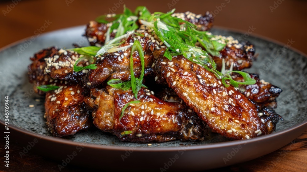 Fototapeta premium Delicious sticky chicken wings with sesame seeds