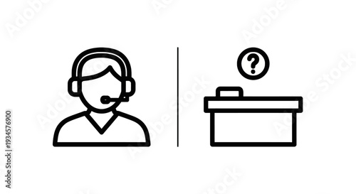 Customer service agent with headset and reception desk with question mark icon, representing support and inquiries.