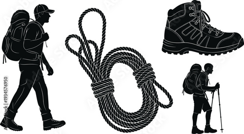 Hiking and Camping Equipment Silhouette Vector Set, Backpacker with Rope and Hiking Boots, Outdoor Adventure Trekking Illustration in Black and White
