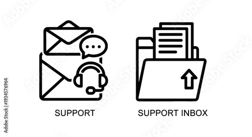 Support concept with email icons, speech bubble, and headphones, plus a folder with files and upload arrow for inbox management.