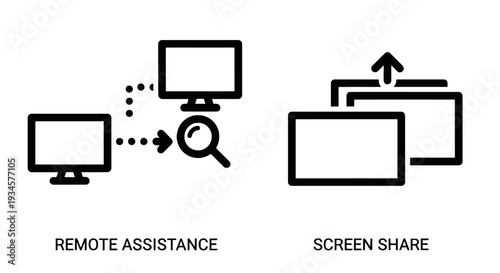 Remote assistance and screen share icons: computers connected for remote help, screen stacking for sharing.