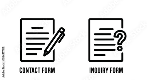 Contact and inquiry form icons: document with pen for contact, paper with question mark for inquiry.