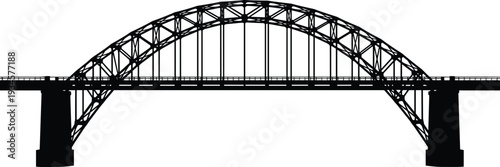 Black silhouette arch bridge cad drawing flat vector illustration of an iron steel truss structure over water on white background.