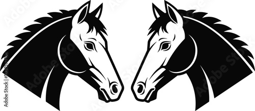Horse head silhouette vector illustration, twin equine profile emblem design, black and white stallion logo isolated on white background