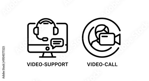 Video Support and Video Call Icons: Symbolizing Remote Assistance, Online Communication, and Virtual Meetings via Computer and Camera