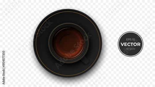 Elegant black coffee cup and saucer on a transparent background.