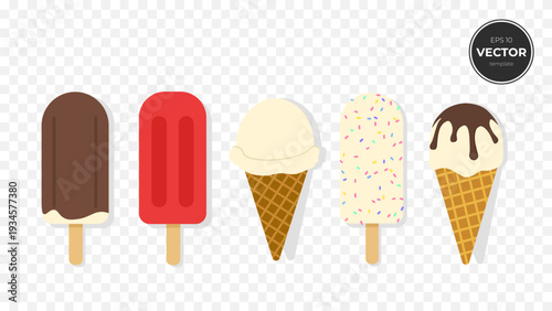 An assortment of ice creams and popsicles in a playful, colorful style.
