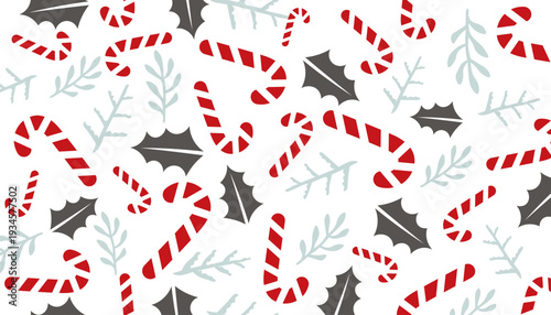 Festive Holiday Pattern Featuring Candy Canes and Holly Leaves