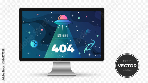 Colorful 404 error page design featuring a UFO and outer space theme.