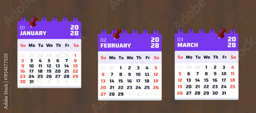 January, February, March calendar 2028. Calendar 2028 with purple header style on wooden background. Best for productivity, scheduling, and planner template. Vector illustration