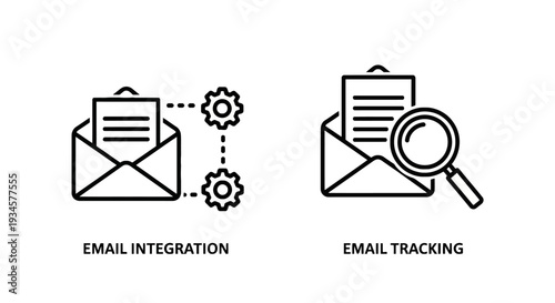 Email integration with envelope and gears icon, email tracking with envelope and magnifying glass, business communication vector illustration
