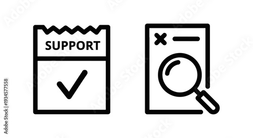 Customer Support and Analysis Icons: Checklist with Checkmark and Magnifying Glass over Document with X