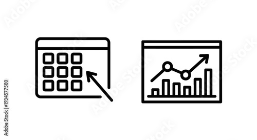 Business Data Analysis Icons: Calendar with Pointer and Upward Trend Graph