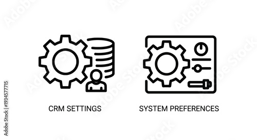 Icons for CRM settings and system preferences, showing user profiles, databases, and control panels for customization.