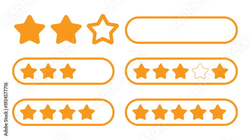 Yellow star rating icon set showing one to five stars for customer product review, feedback, satisfaction evaluation, rating system, and professional flat vector illustration projects.