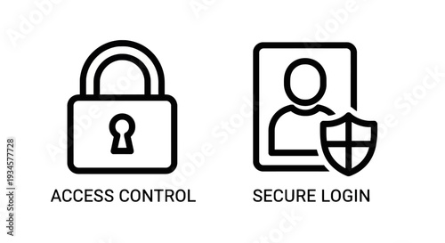 Icons for access control and secure login, depicting security, protection, and safe digital authentication methods.
