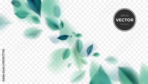 Stylized green and blue leaves drifting gracefully in the air.