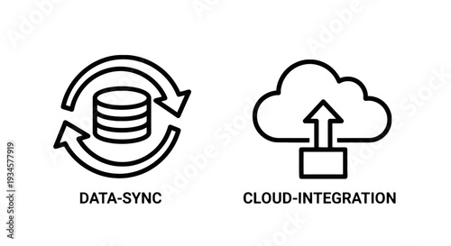 Data Sync and Cloud Integration Icons: Information Transfer, Digital Connectivity, Data Management, and Network Solutions
