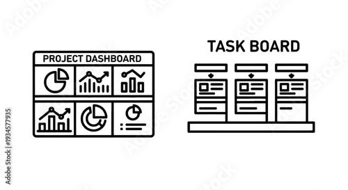Project Dashboard and Task Board Icons: Project Management, Workflow Organization, Progress Tracking, and Business Planning