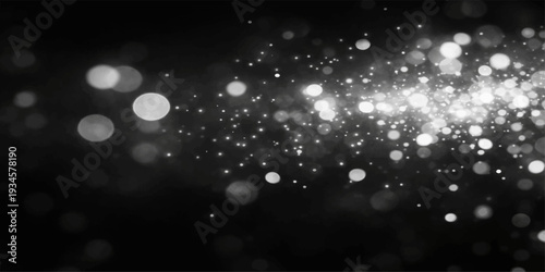Shiny winter night background featuring blue water raindrops on the window with glowing Christmas star light particles and a snowflake pattern design