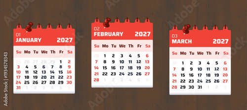 January, February, March calendar 2027. Monthly calendar 2027 with clean layout on wooden background. Best for organization, reminder, and business planning. Vector illustration